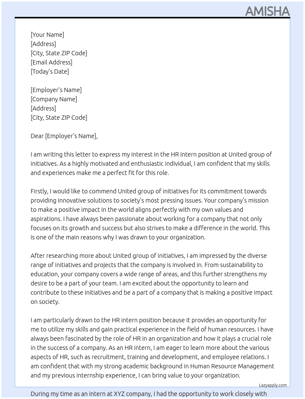Hr intern At United group of initiatives Cover Letter