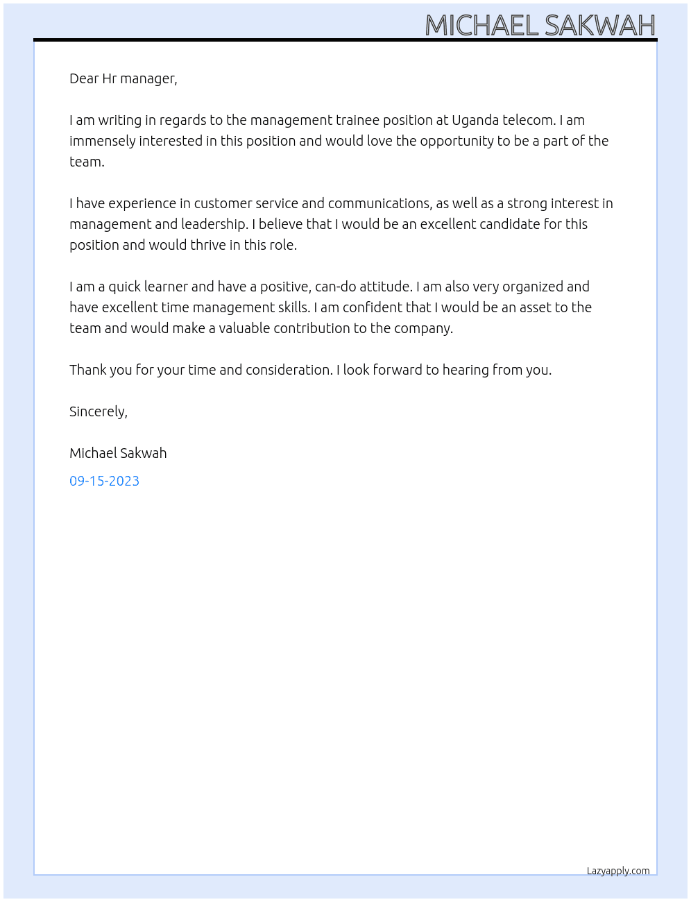 Management trainee At Uganda telecom Cover Letter