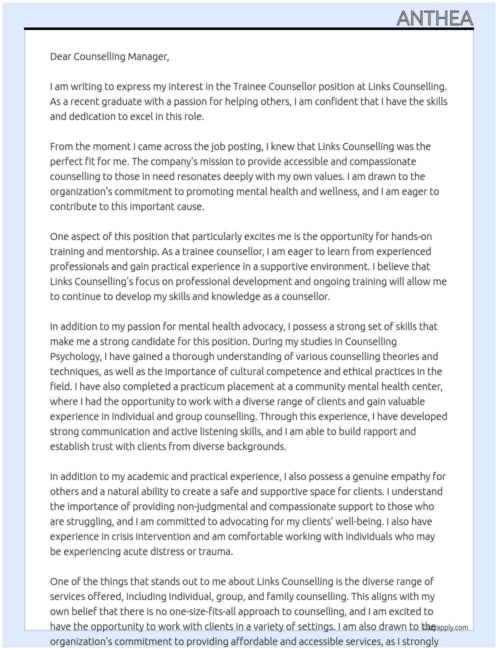 Trainee counsellor At Links Counselling Cover Letter