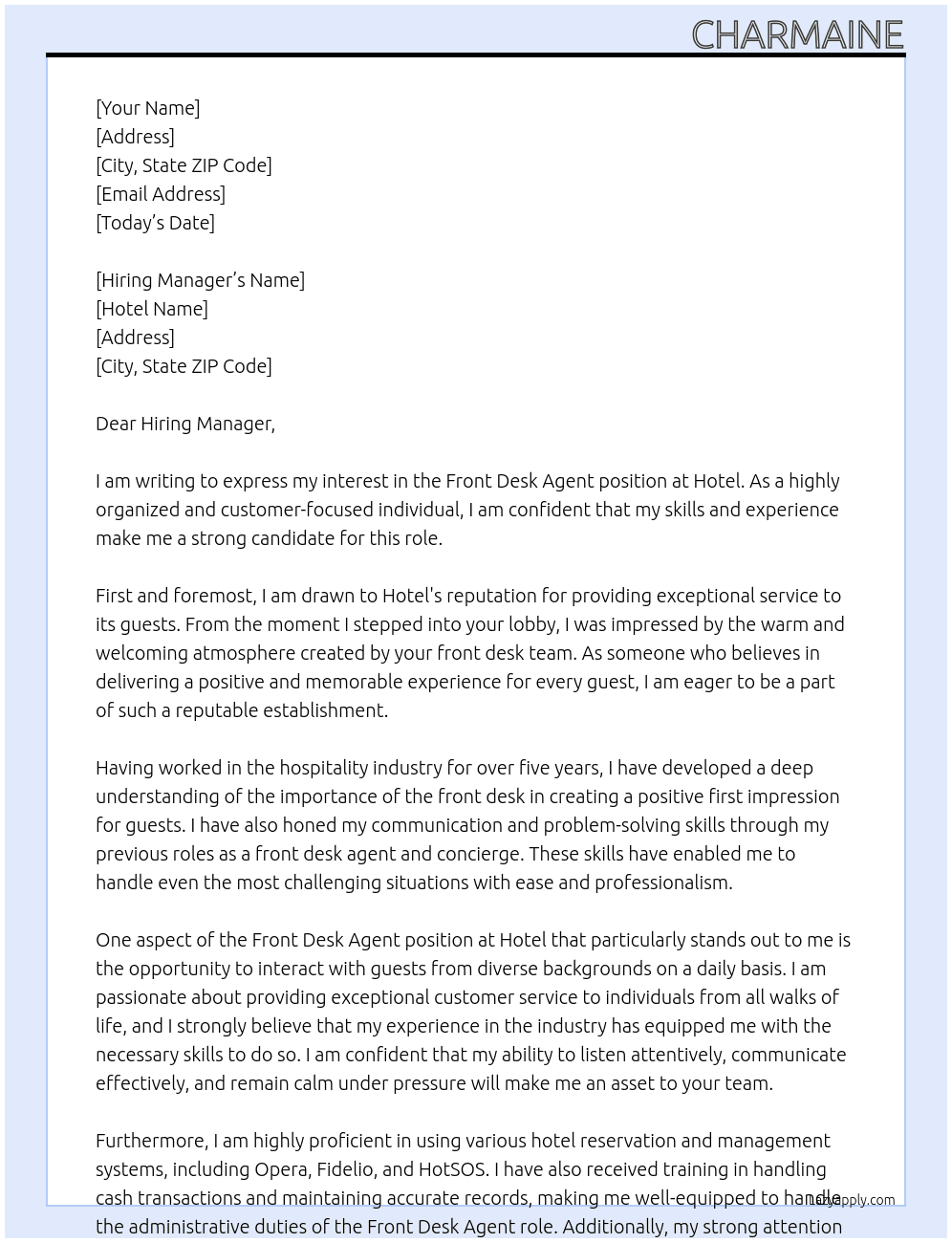 Front Desk Agent At Hotel Cover Letter