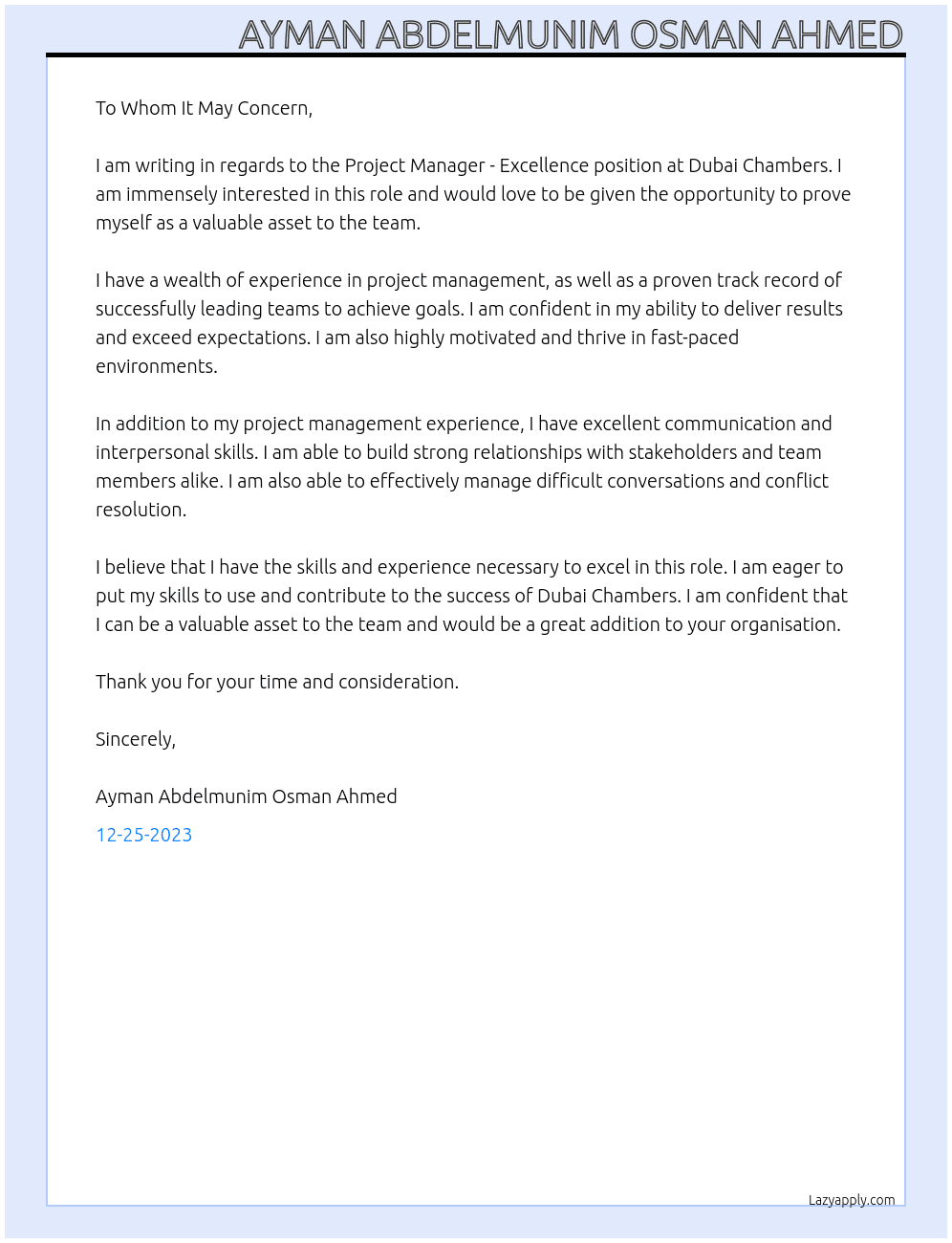 Project Manager - Excellence At Dubai Chambers Cover Letter