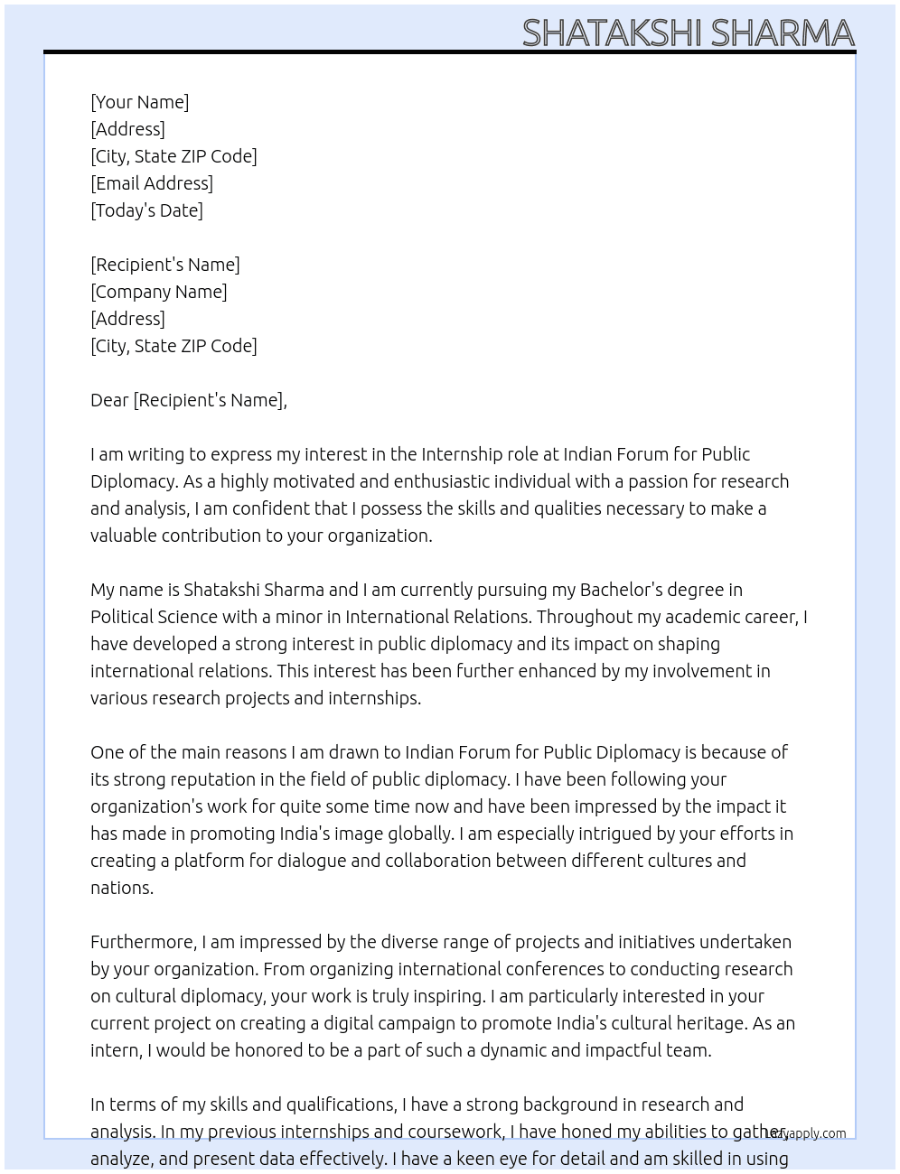 intern At Indian Forum for Public Diplomacy Cover Letter