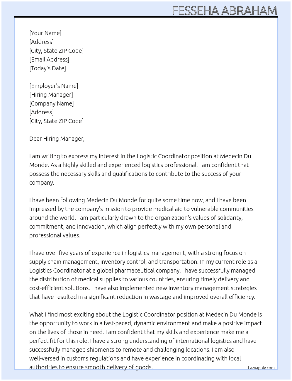 Logistic coordinator At Medecin Du Monde Cover Letter