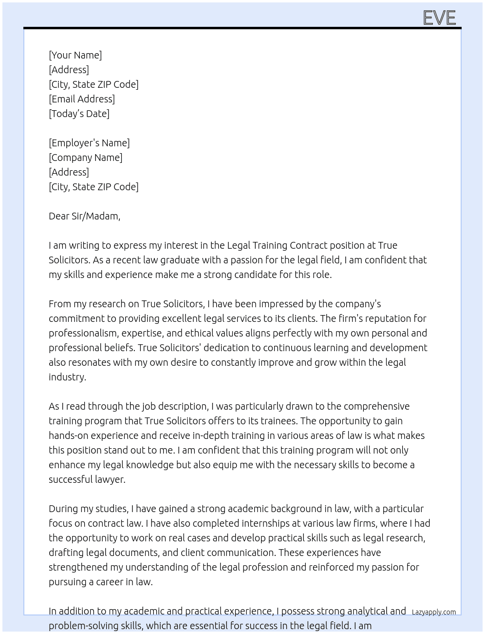 Legal Training contract  At True Solicitors  Cover Letter