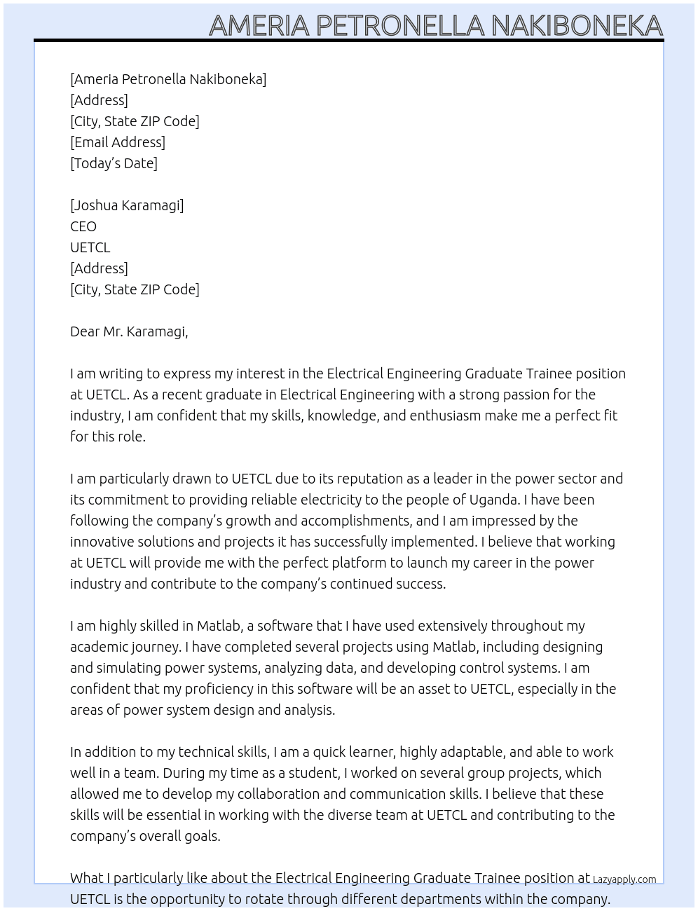 electrical engineering graduate trainee At UETCL Cover Letter