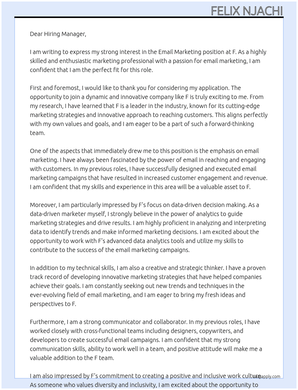 Email Marketing At f Cover Letter