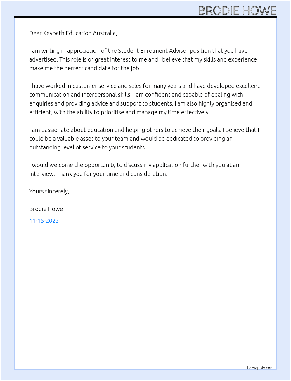 Student Enrolment Advisor At Keypath Education Australia Cover Letter