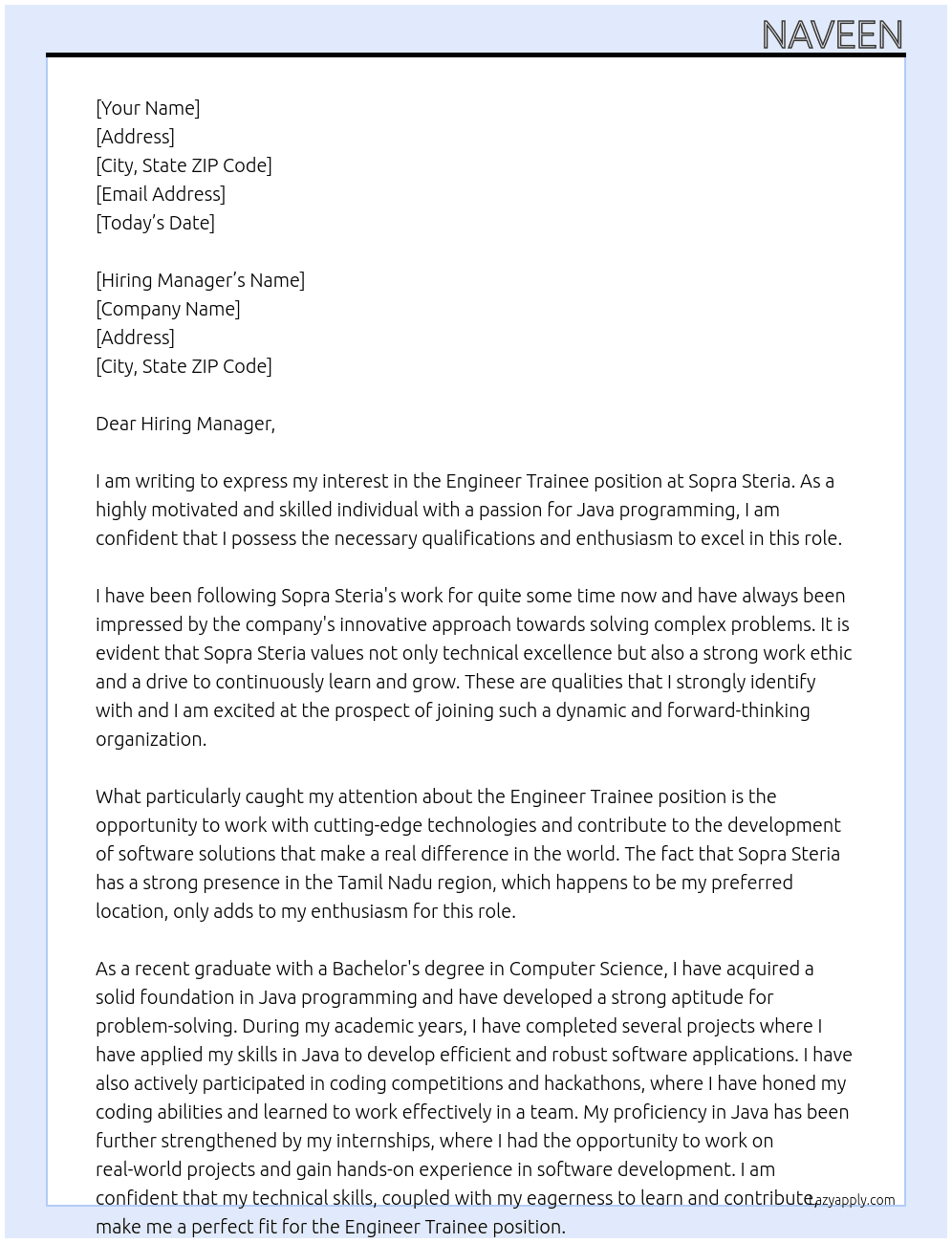 Engineer Trainee At Sopra Steria  Cover Letter