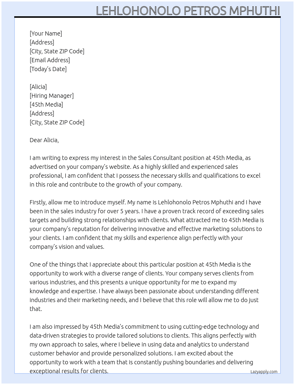 Sales Consultants  At 45th Media Cover Letter
