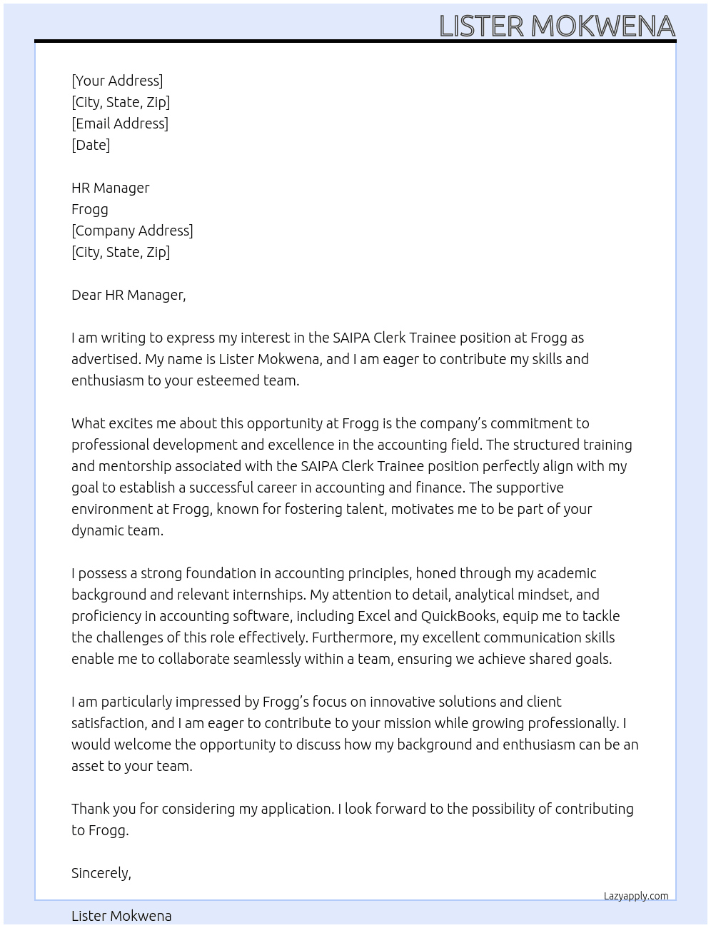 SAIPA Clerk Trainee At Frogg Cover Letter