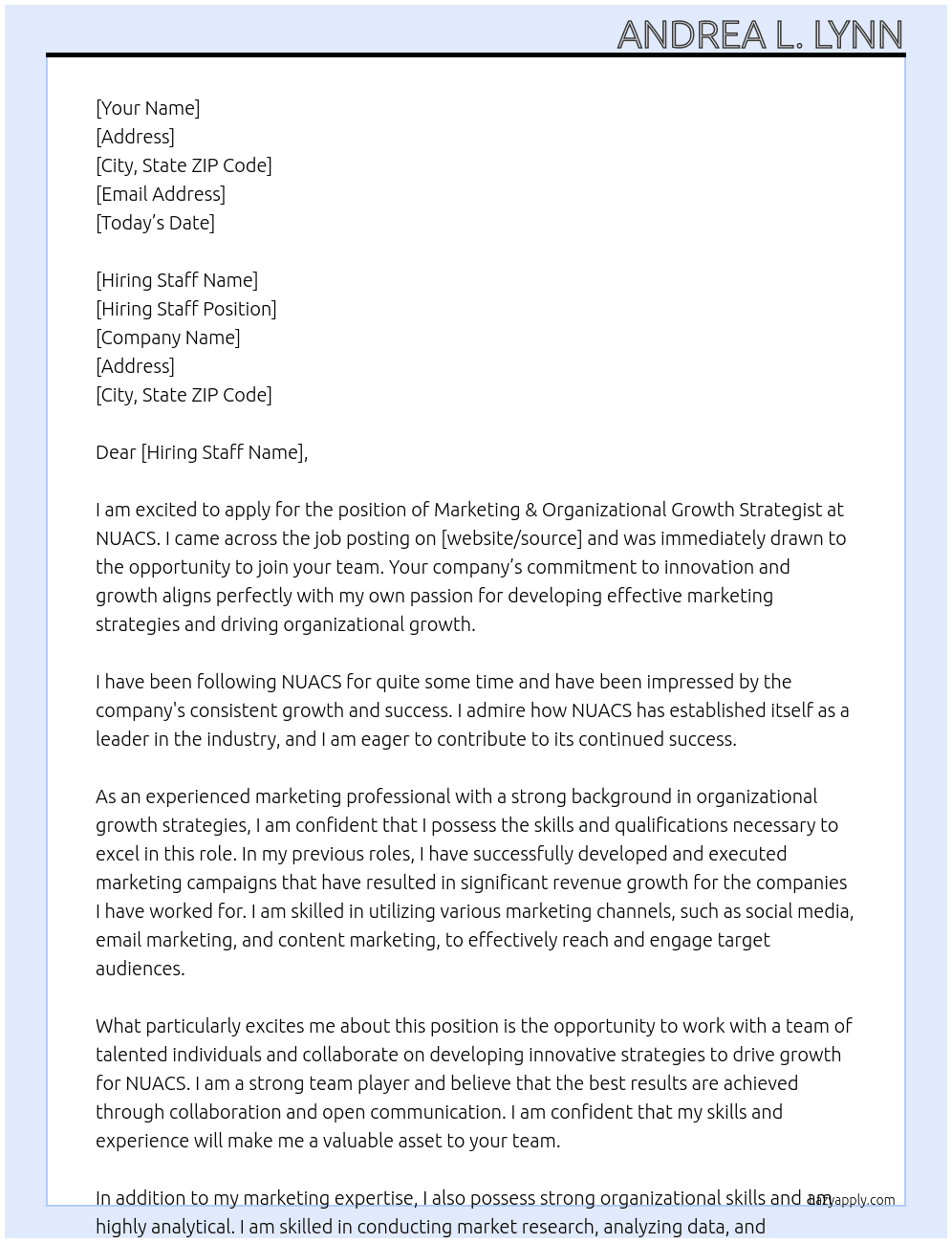 Marketing & Organizational Growth Strategist At NUACS Cover Letter