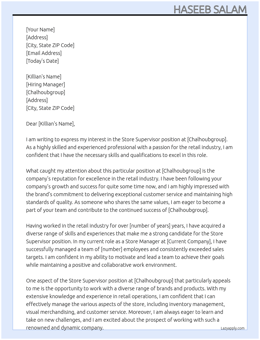 Store Supervisor At chalhoubgroup Cover Letter