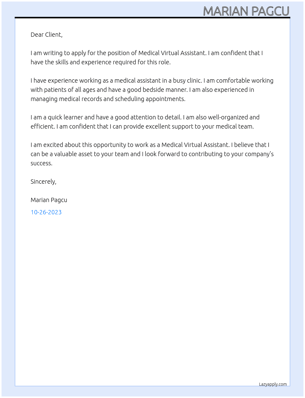 Medical Virtual Assistant  At Client Cover Letter
