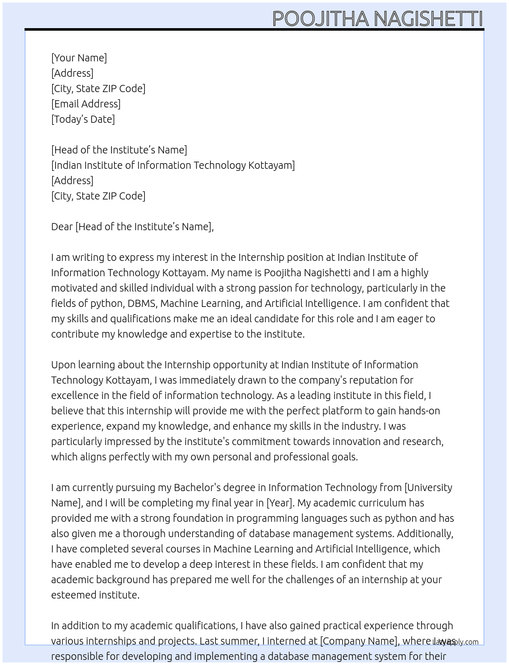 Internship At Indian Institute of Information Technology Kottayam Cover Letter