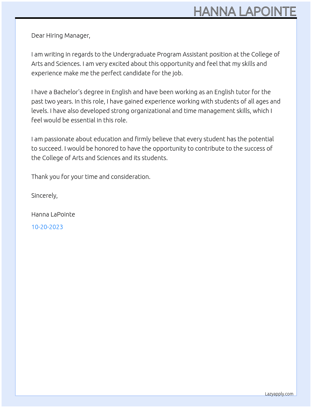 Undergraduate Program Assistant At College of Arts and Sciences Cover Letter
