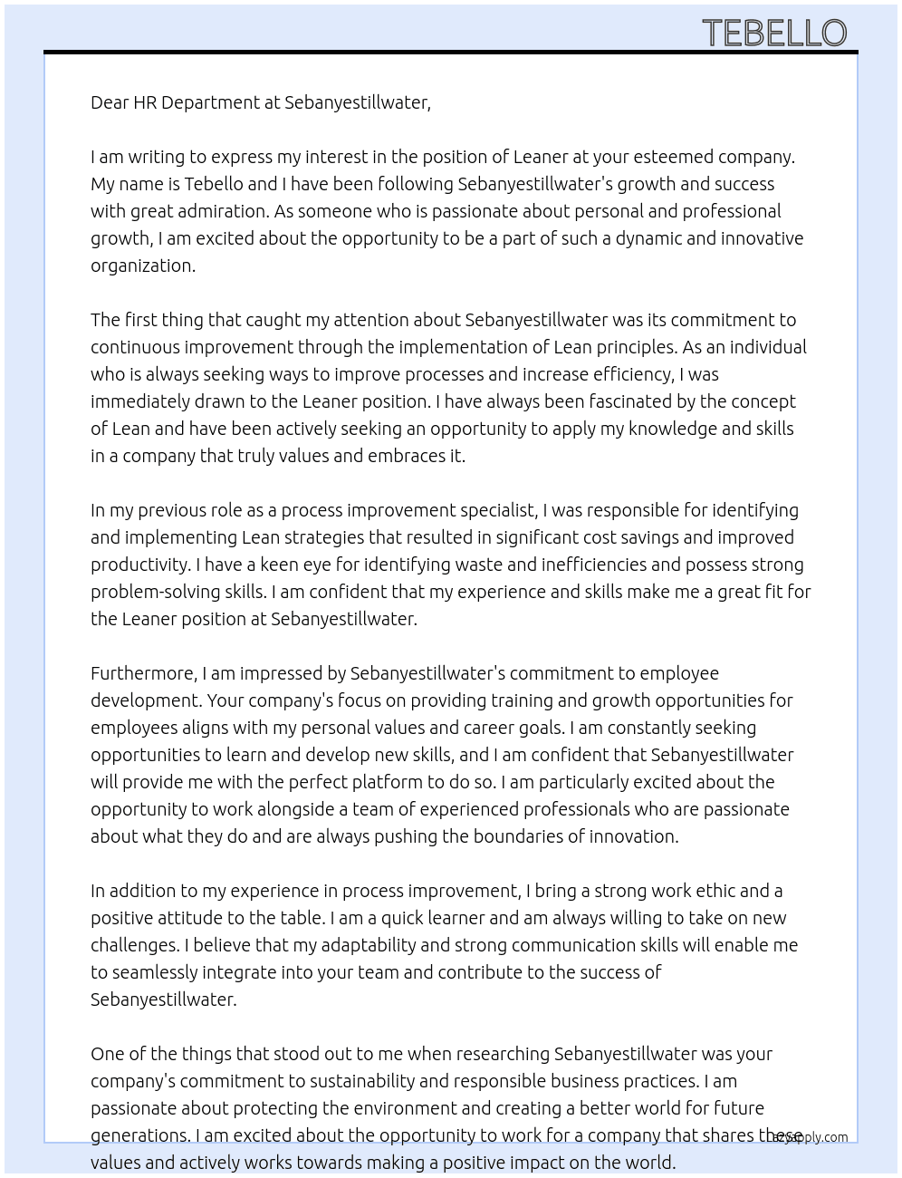 Leaner  At Sebanyestillwater Cover Letter