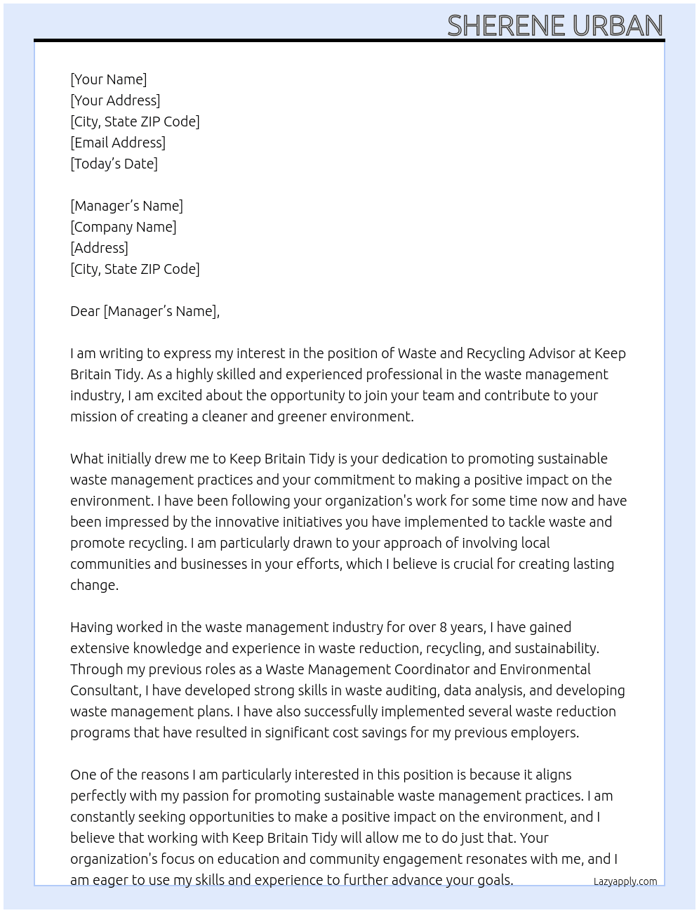 waste and recycling advisor At Keep Britain Tidy Cover Letter