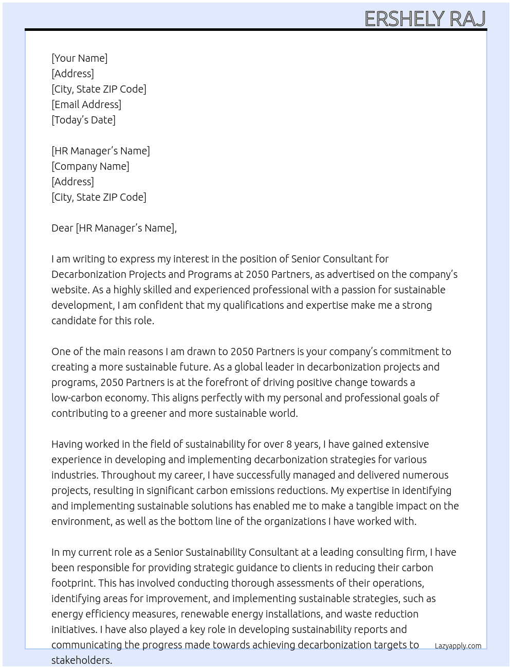 Senior Consultant: Decarbonization Projects and Programs At 2050 Partners Cover Letter