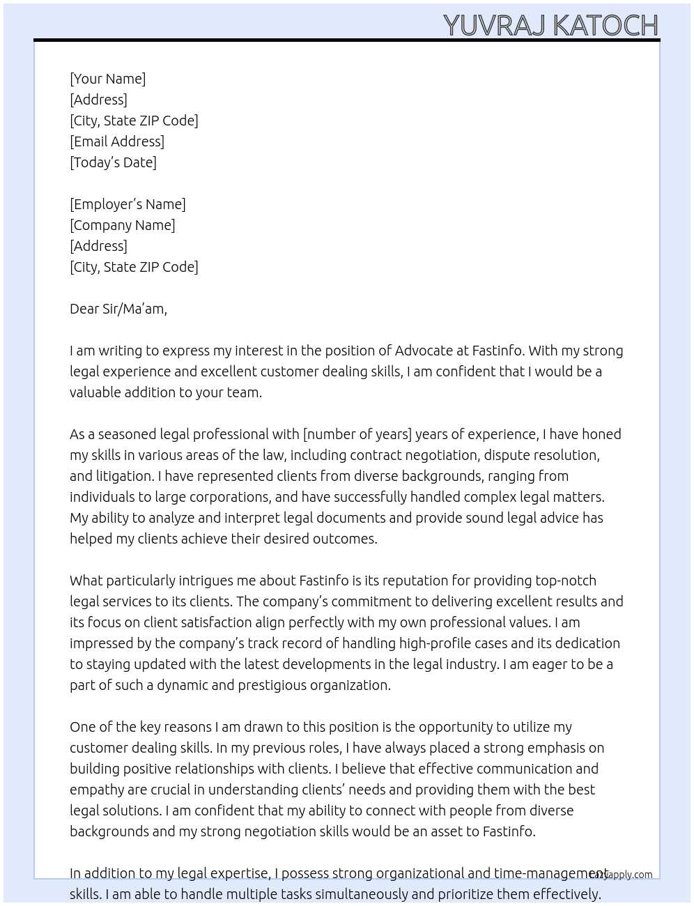 Advocate At Fastinfo Cover Letter