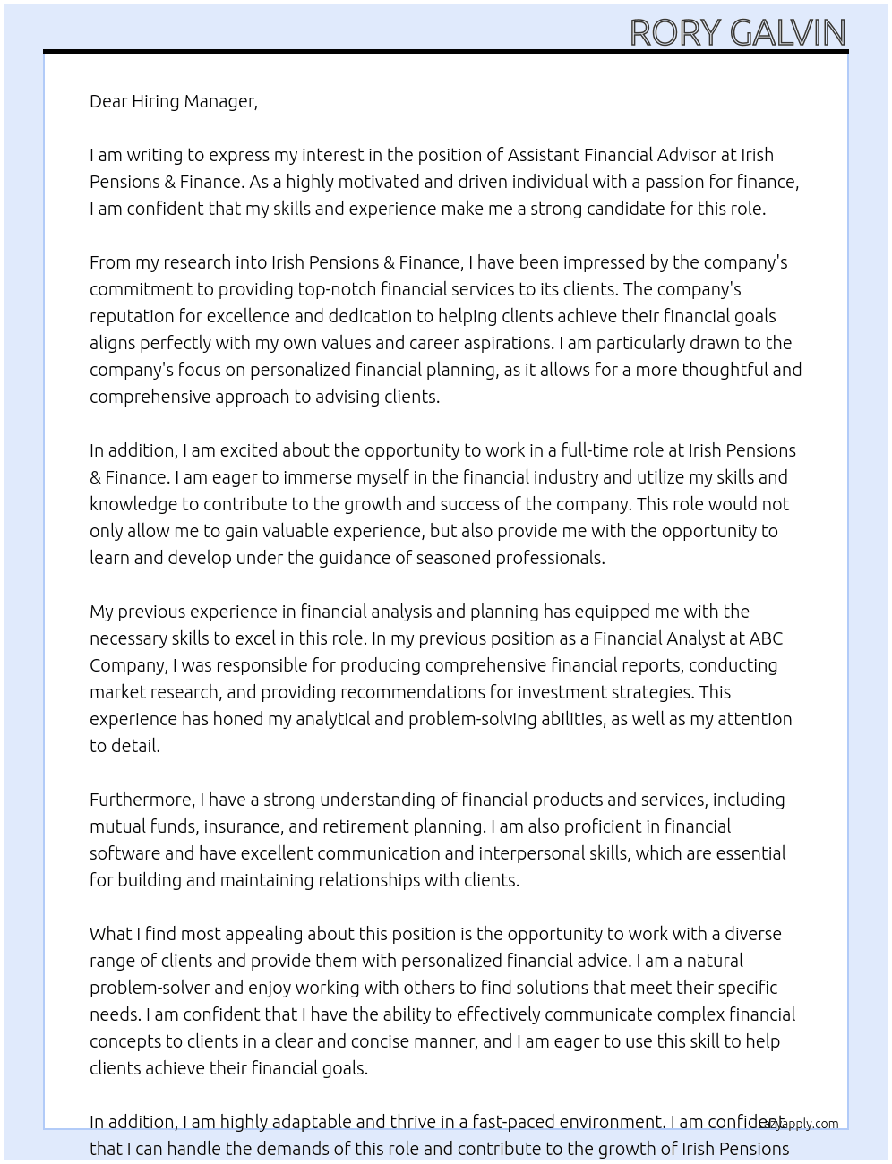 Cover letter for assistant finanical advisor - LazyApply