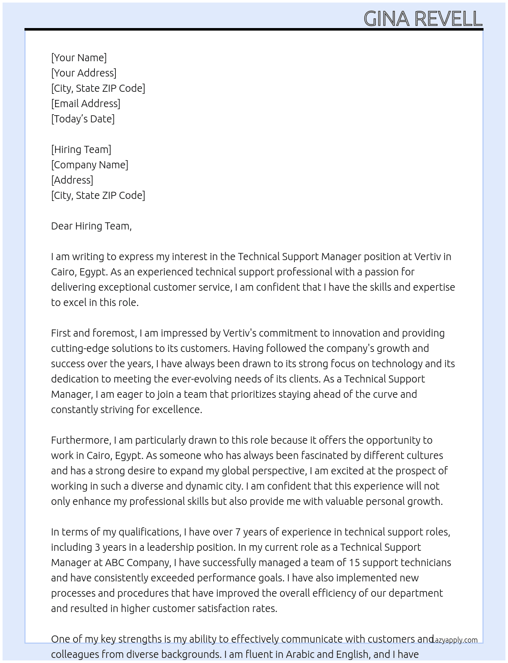  Technical Support Manager - Cairo, Egypt At Vertiv  Cover Letter