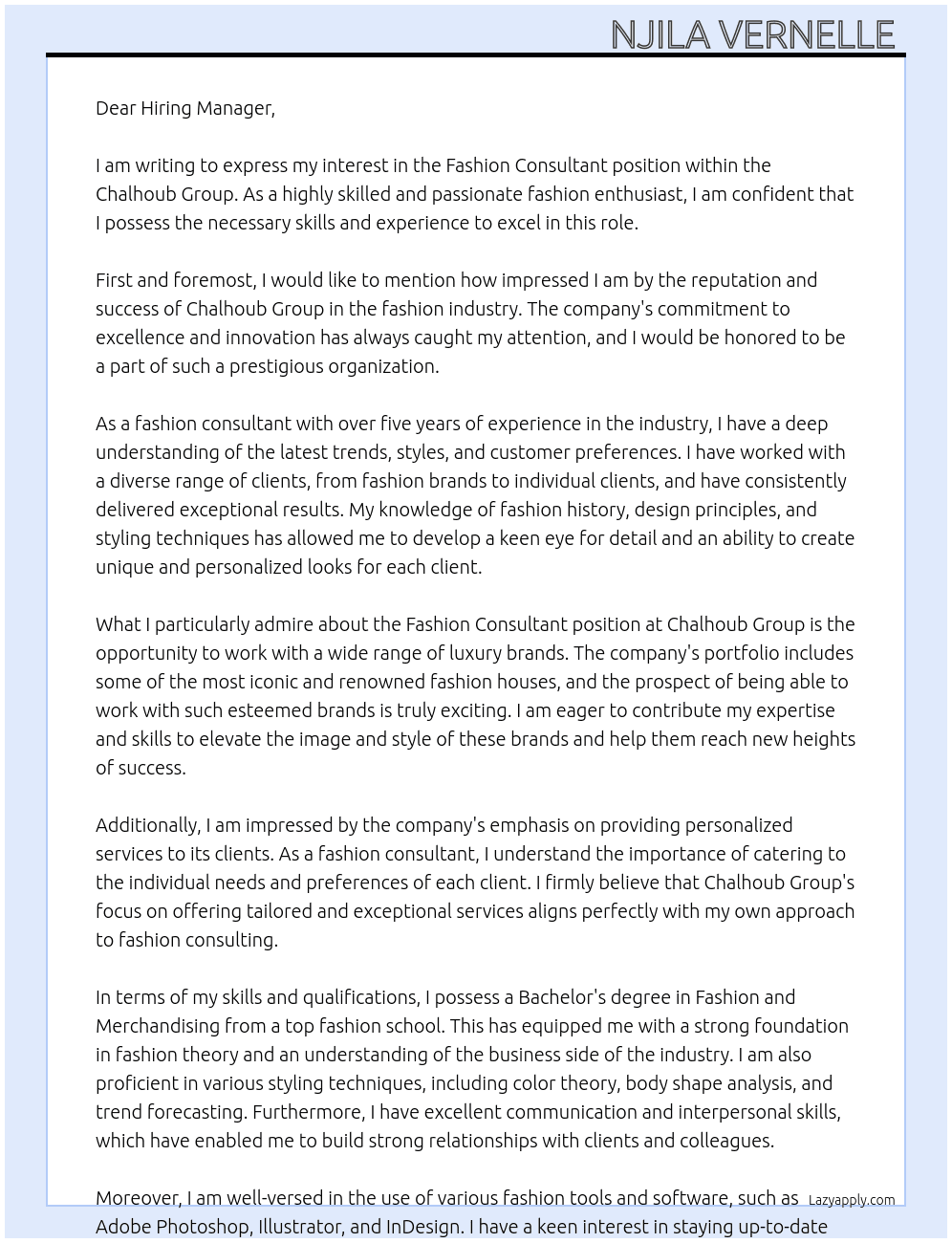 Fashion consultant  At Chalhoub Group Cover Letter