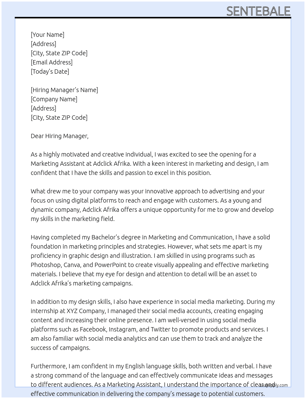 Marketing Assistant  At Adclick Afrika Cover Letter