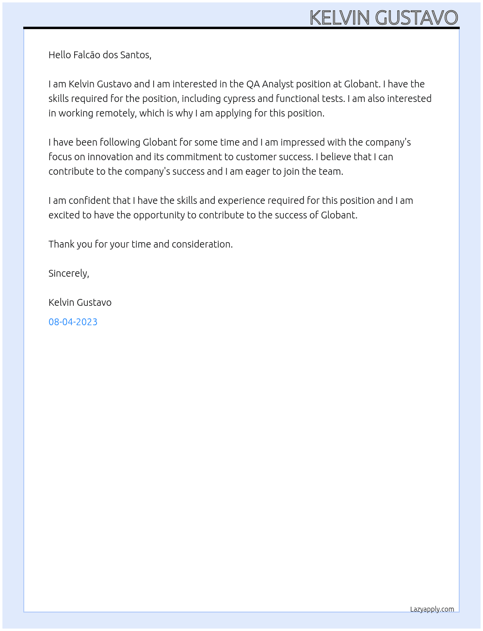 QA Analyst At globant Cover Letter