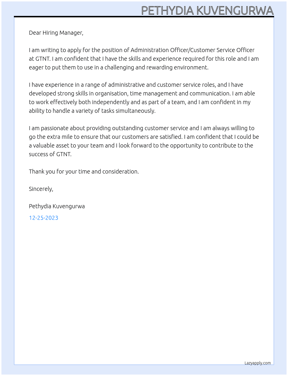 Administration Officer/Customer Service Officer  At GTNT Cover Letter