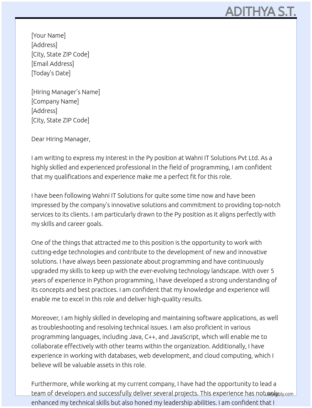 Py At Wahni IT Solutions Pvt Ltd Cover Letter