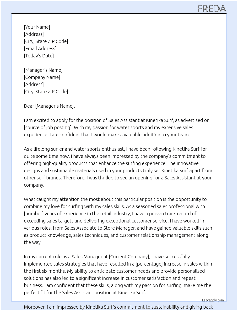 Sales assistant At Kinetika Surf  Cover Letter