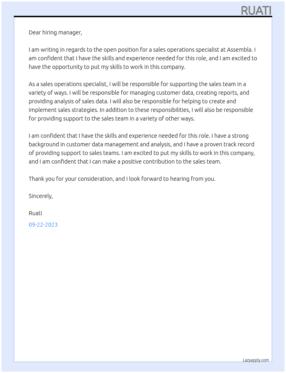 sales operations specialist At assembla Cover Letter