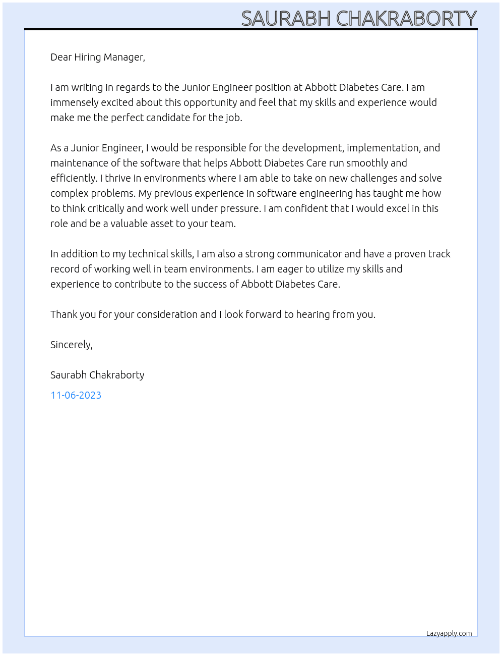 Junior Engineer At Abbott Diabetes Care Cover Letter