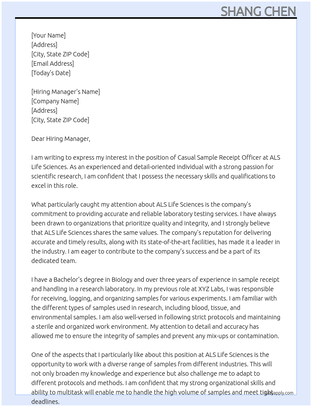 Casual Sample Receipt Officer At ALS Life Sciences Cover Letter