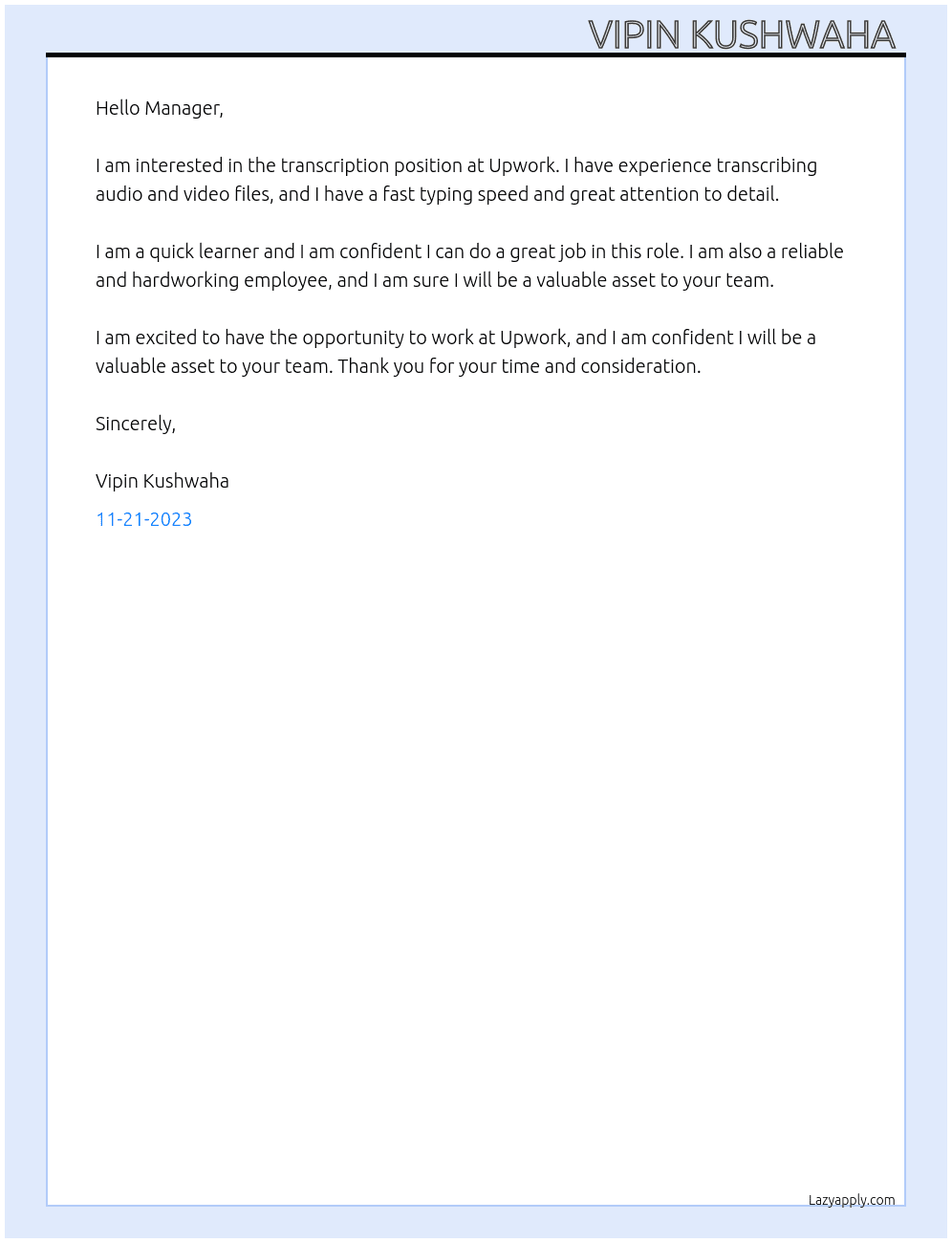 Transcription  At Upwork  Cover Letter