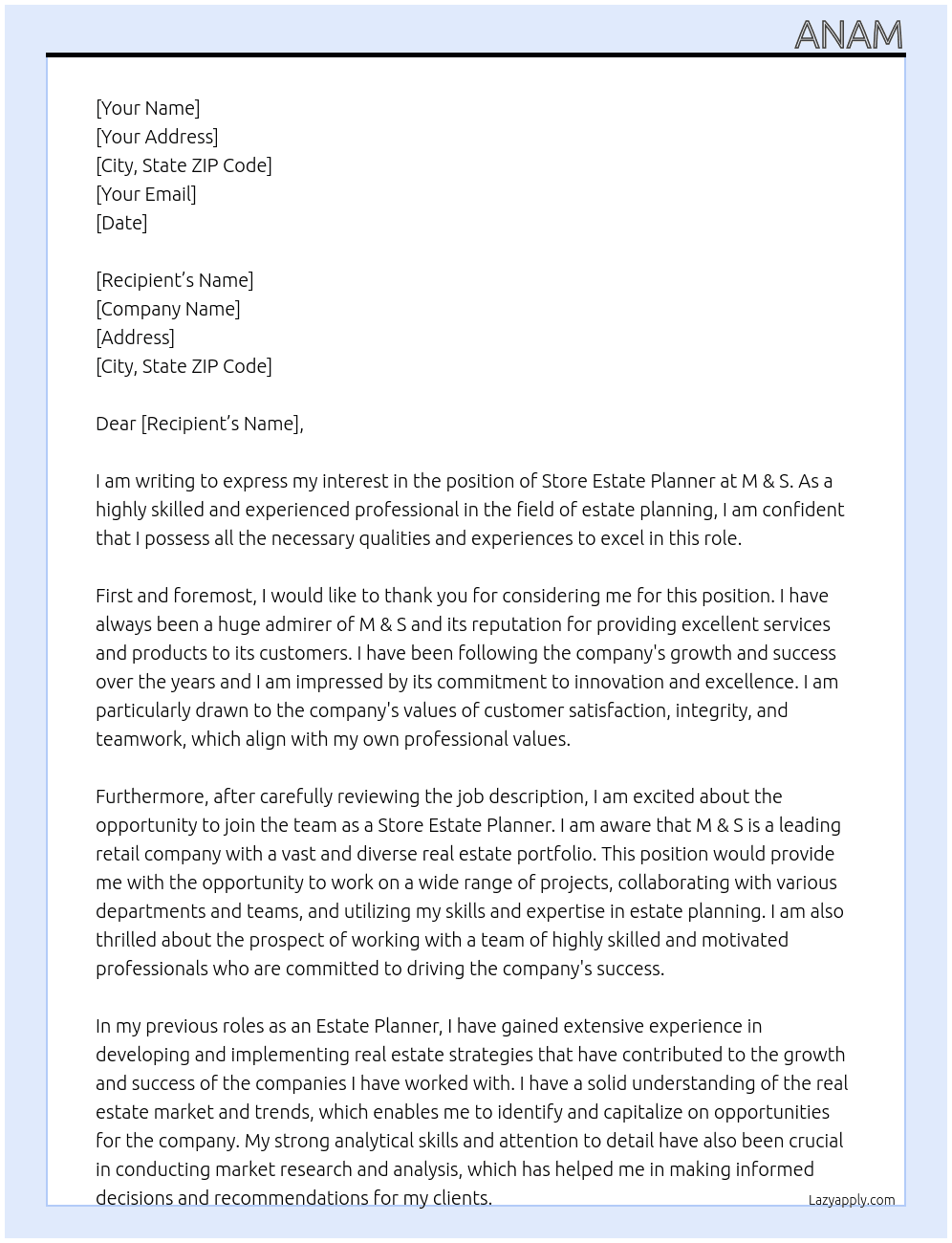 STORE ESTATE PLANNER At M & S Cover Letter