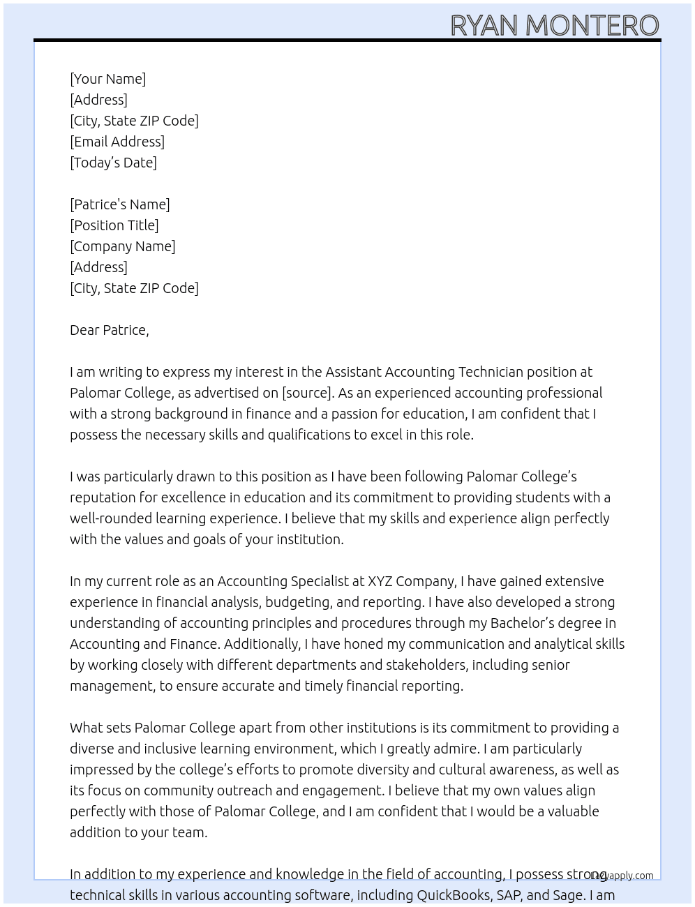 Assistant Accounting Technician At Palomar College Cover Letter