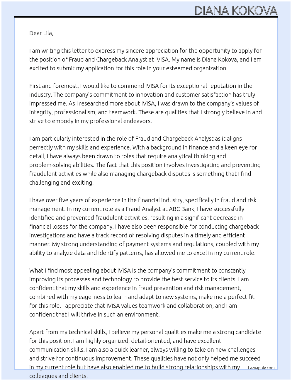 Fraud and Chargeback Analyst At IVISA Cover Letter
