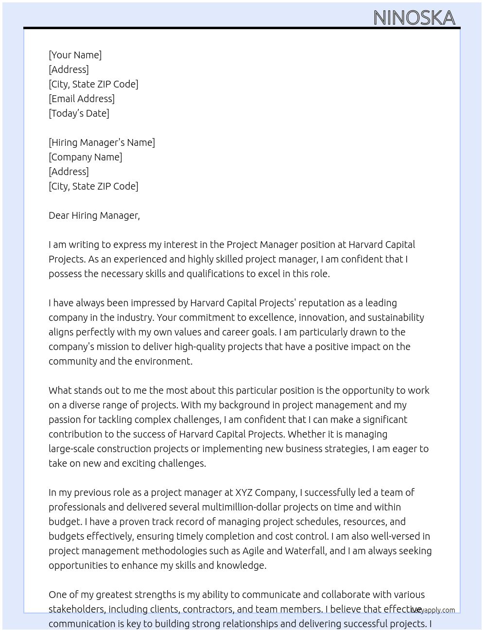 project manager At Harvard Capital Projects Cover Letter
