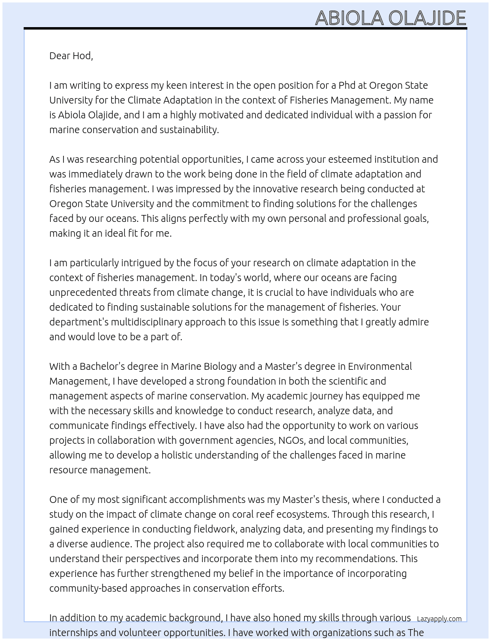 Phd At climate adaptation in the context of fisheries management at oregon state university  Cover Letter