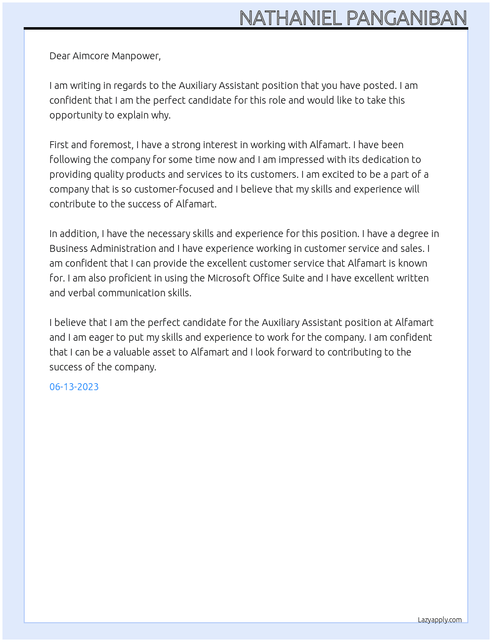 Auxiliary assistant  At Alfamart  Cover Letter