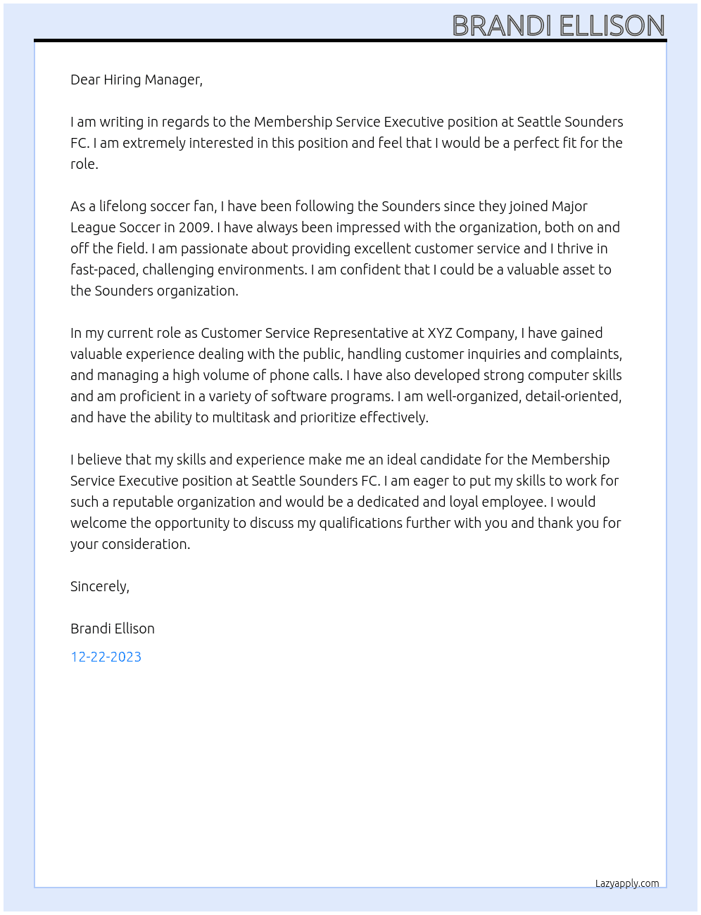 Membership Service Executive At Seattle Sounders FC Cover Letter