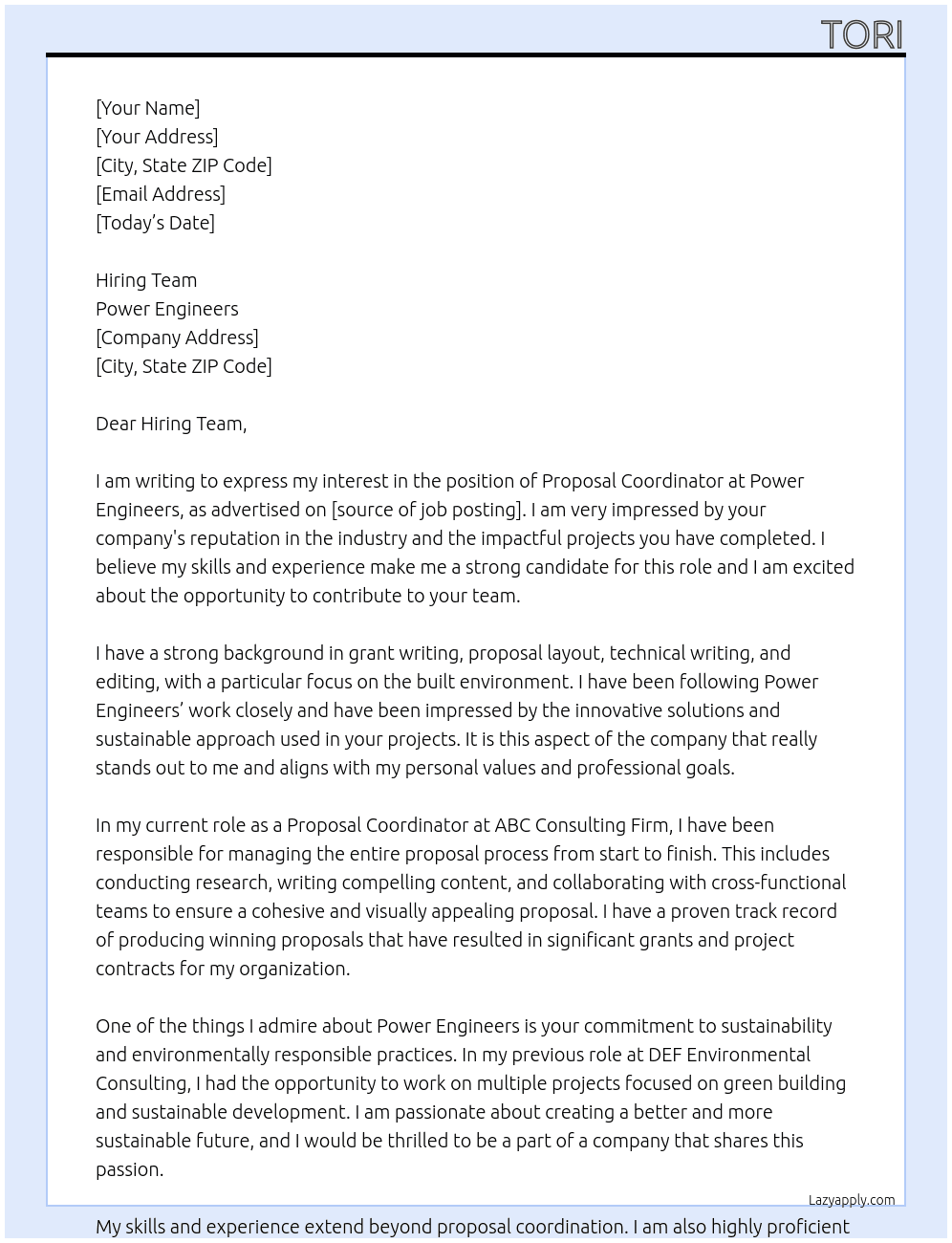 Proposal Coordinator At Power Engineers Cover Letter