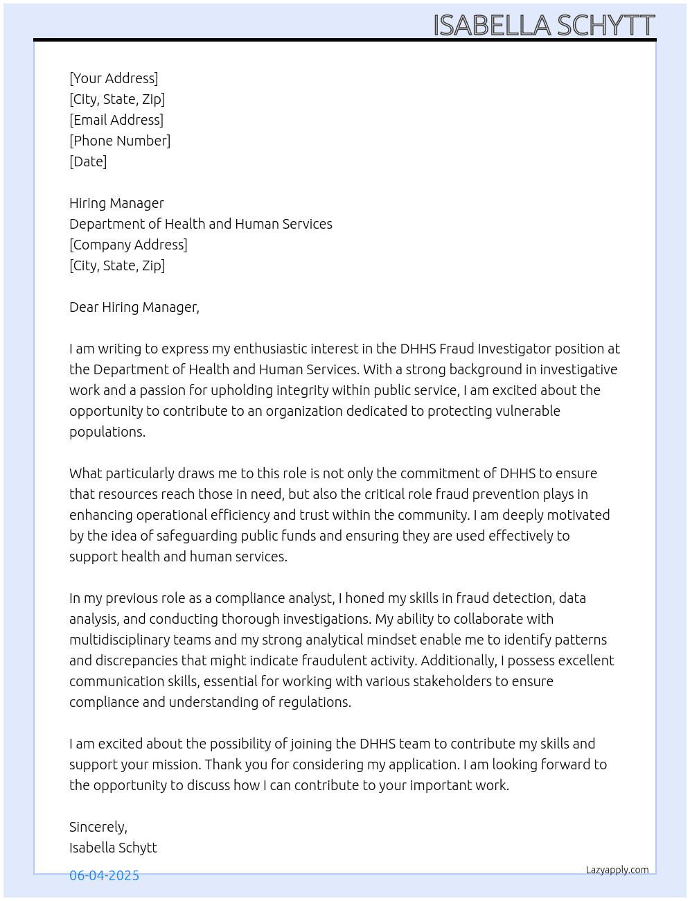 DHHS Fraud Investigator  At Department of Health and Human Services  Cover Letter