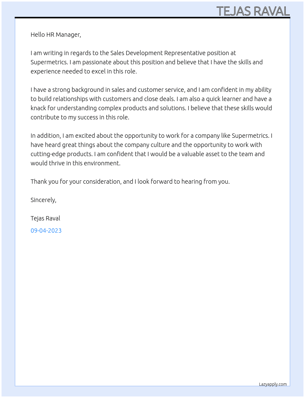 Sales Development Representative At Supermetrics Cover Letter