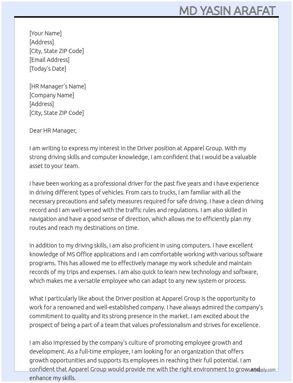 Driver  At Apparel Group  Cover Letter