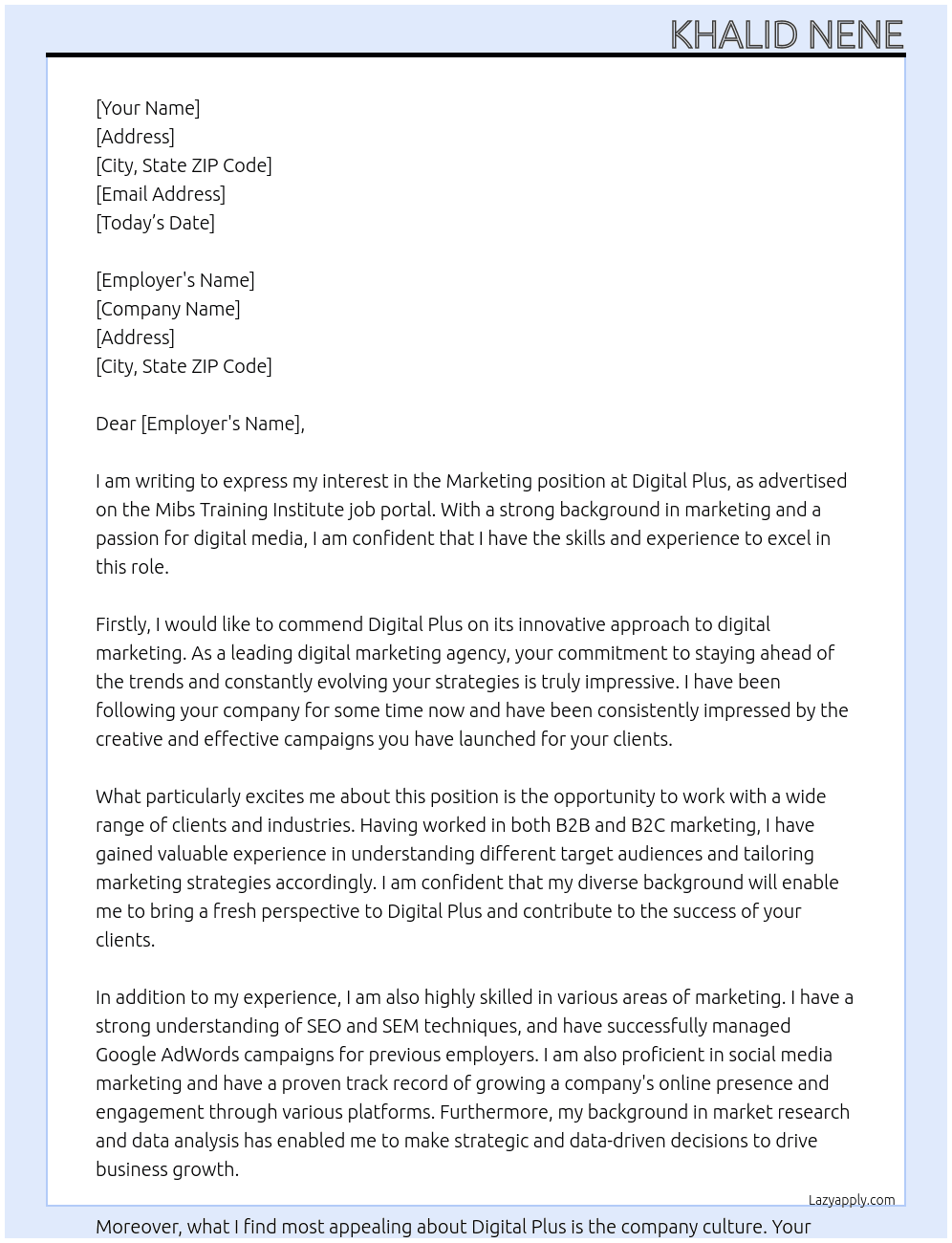 Marketing At Digital plus Cover Letter