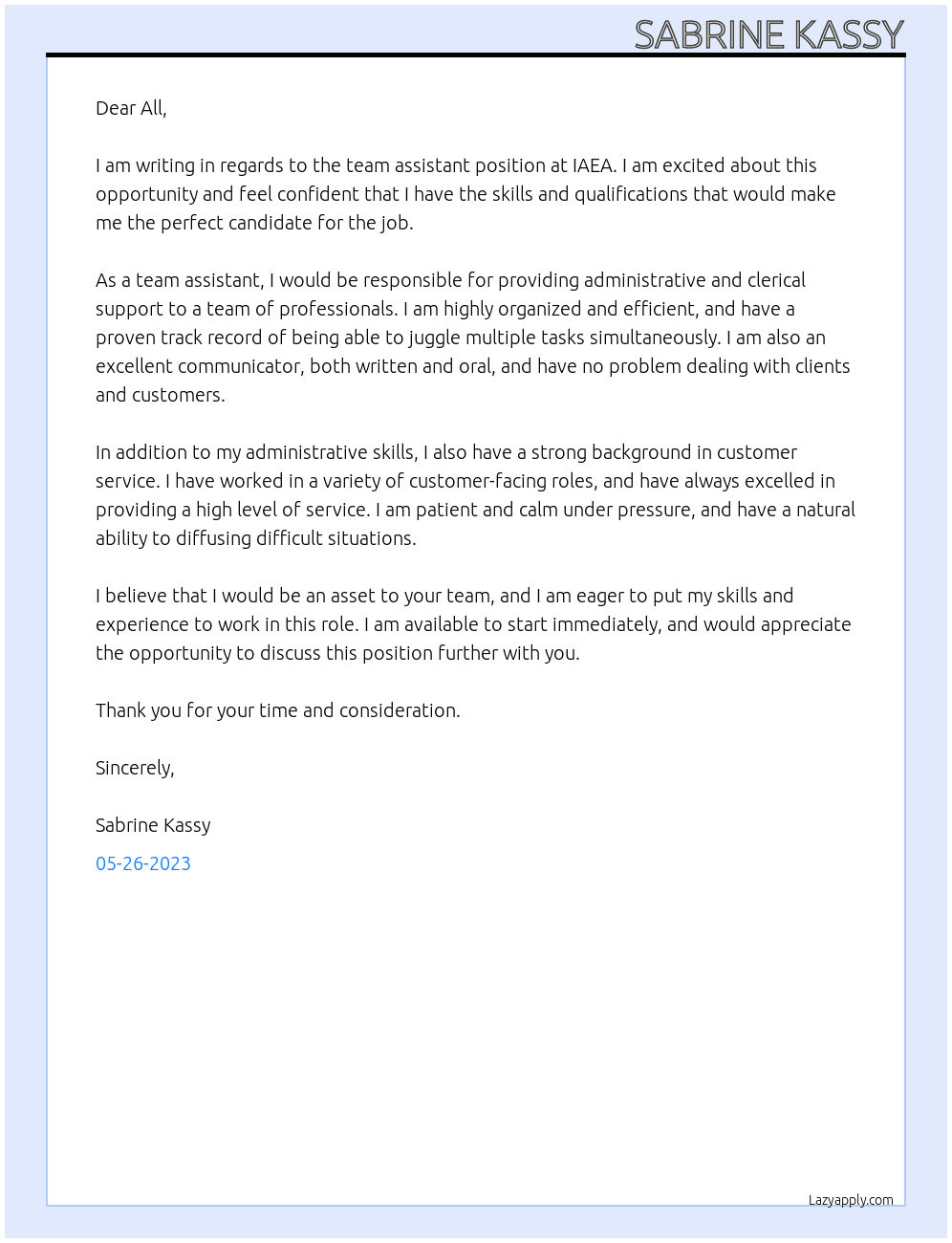 team assistant  At iaea  Cover Letter