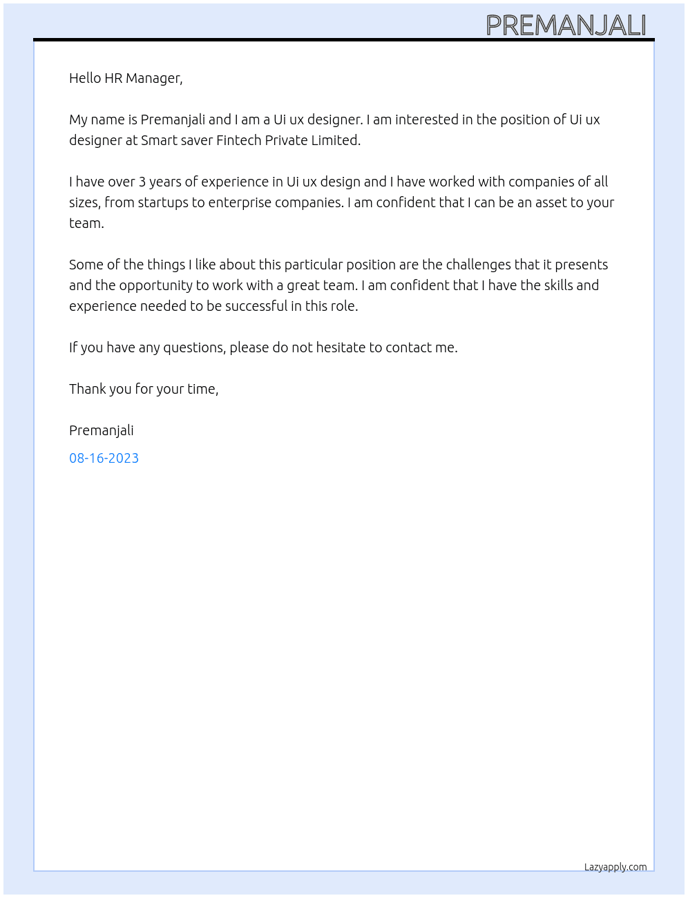 Ui ux designer  At Smart saver Fintech Private Limited Cover Letter