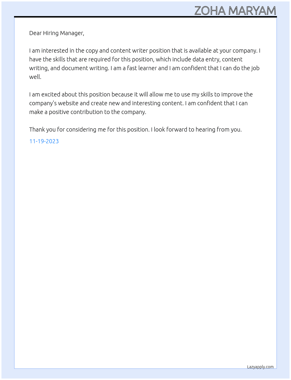 Copy & contentwriter At HiringManager Cover Letter